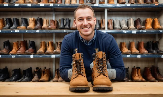 Various types of quality footwear including boots and shoes in professional display