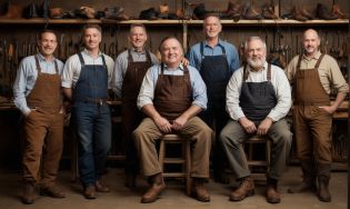 Professional team of skilled craftsmen working on leather boots in modern workshop setting