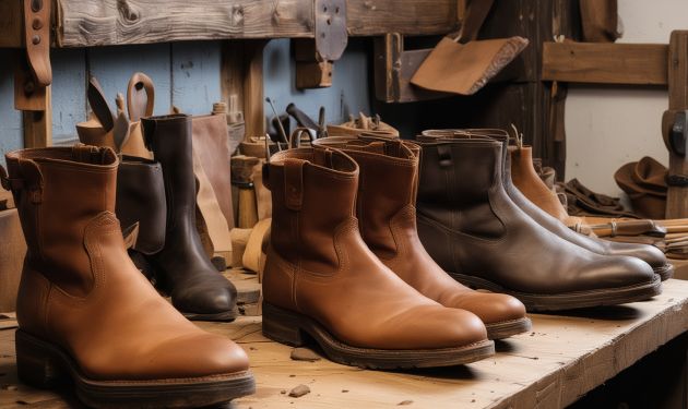 Historic leather workshop with vintage tools and leather materials from 1962