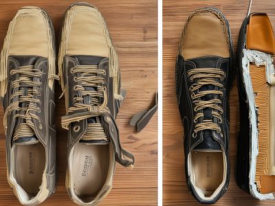 Detailed boot restoration workbench with professional tools and materials