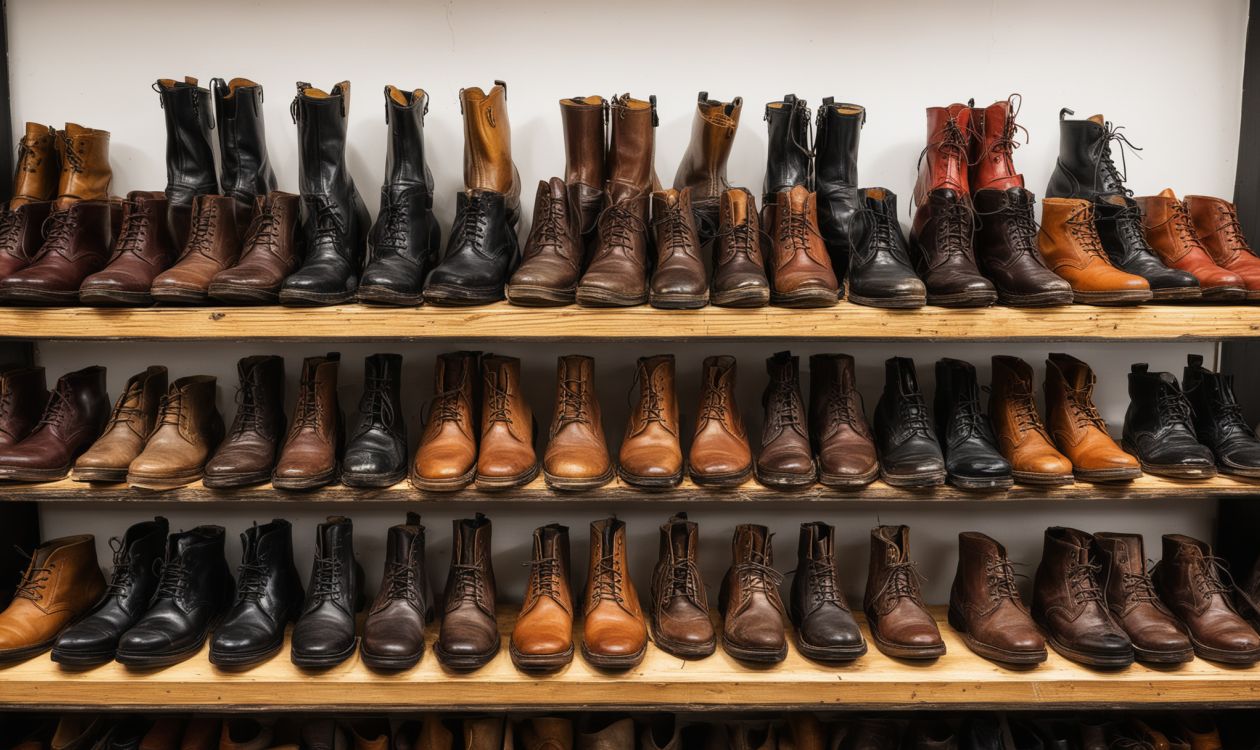 Professional display of various repaired boots and shoes showing quality craftsmanship